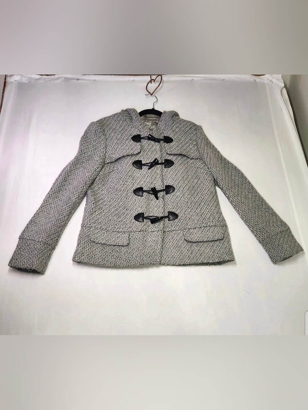 ⭐️KENSIE Tweed Wool Blend Hooded Duffle Coat Crop Jacket Toggle Knit Gray Large